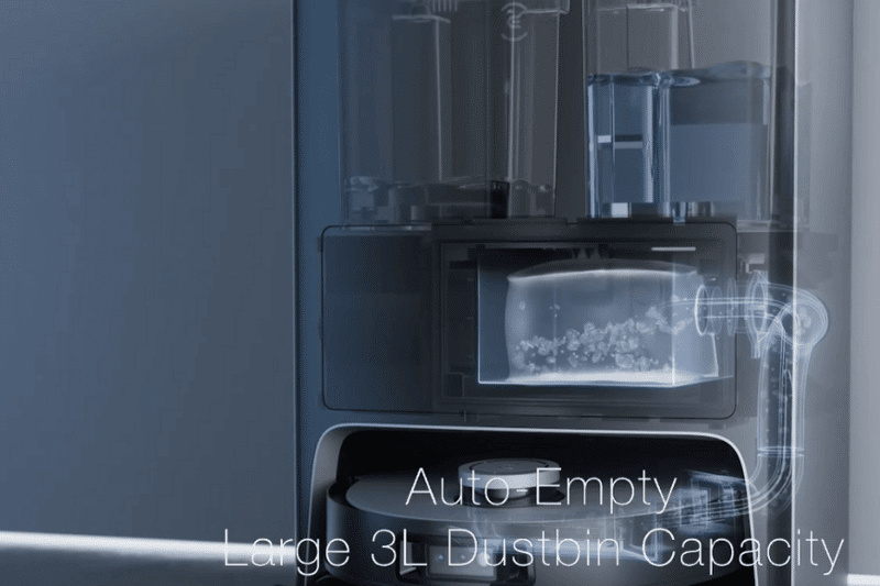 The suction process of the Ecovacs Deebot X1 OMNI Station is shown.